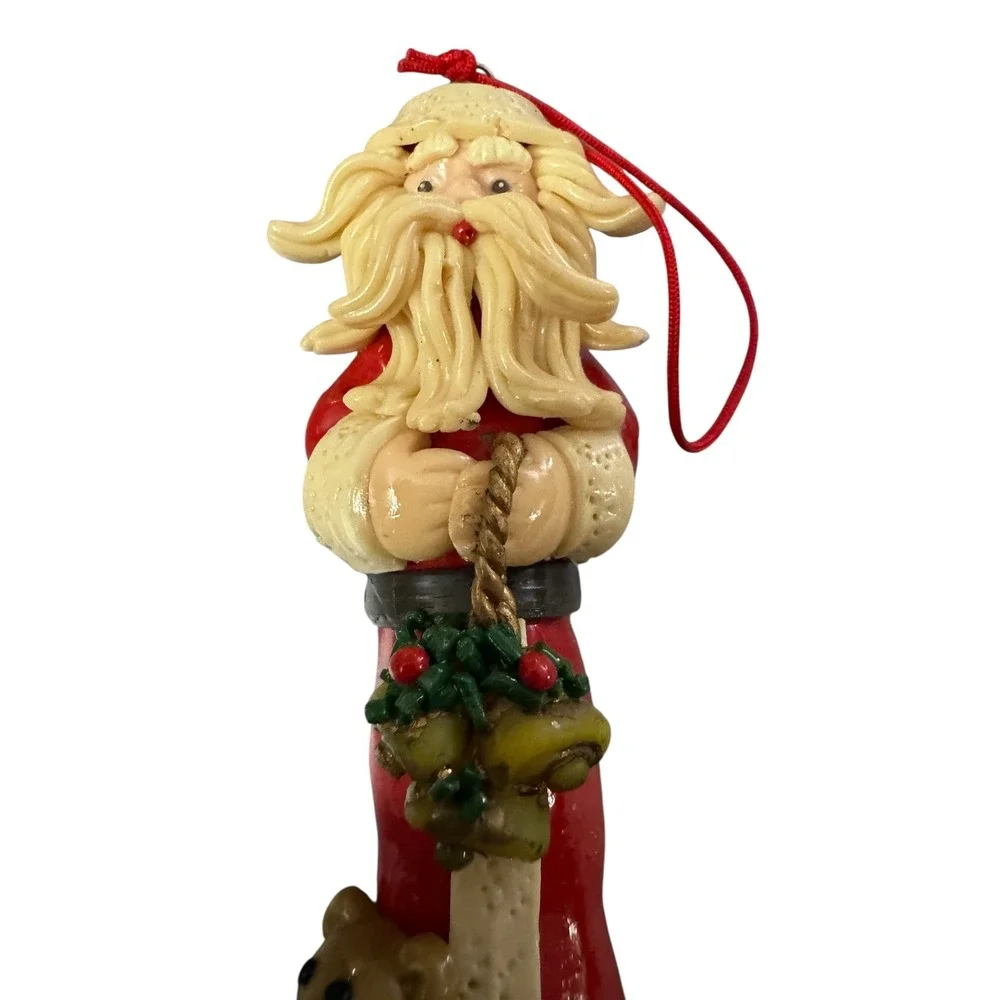 Vintage Style Santa Claus Christmas Ornament with Teddy Bear and Bells Red 4.5in